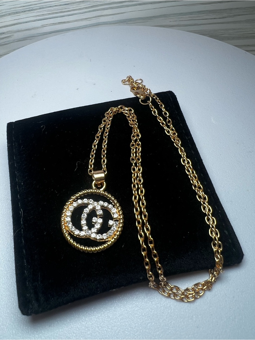 Designer inspired GG gold tone rhinestone necklace